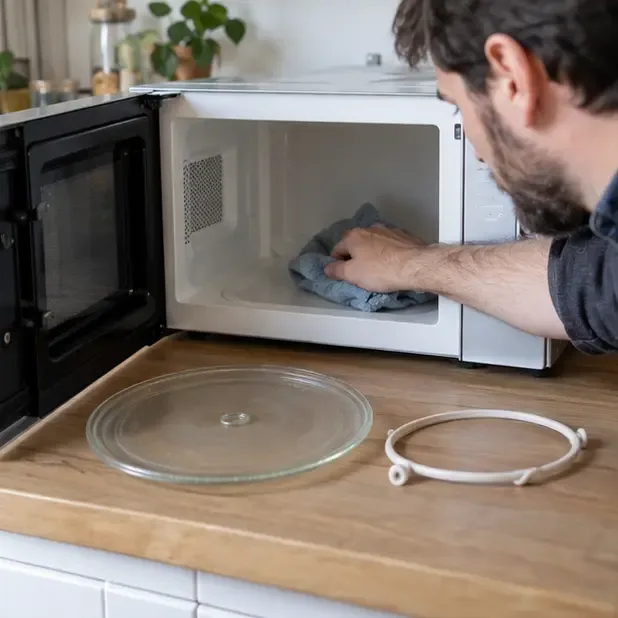 Une personne nettoie un four à micro-ondes et retire son plateau en verre