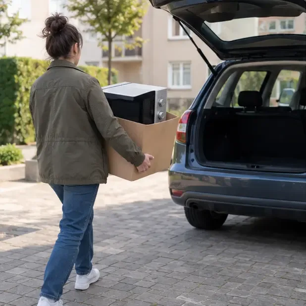 Une personne transporte un four à micro-ondes dans un carton vers une voiture