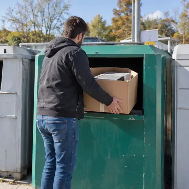 Un four à micro-ondes emballé est déposé dans une zone organisée de collecte des appareils électriques