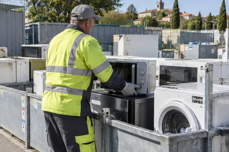 Agent déposant un four à micro-ondes dans une zone de collecte d’appareils électriques