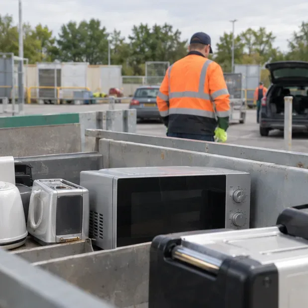 Micro-ondes placé dans une zone de collecte d’appareils électriques d’une déchèterie, avec un agent au second plan
