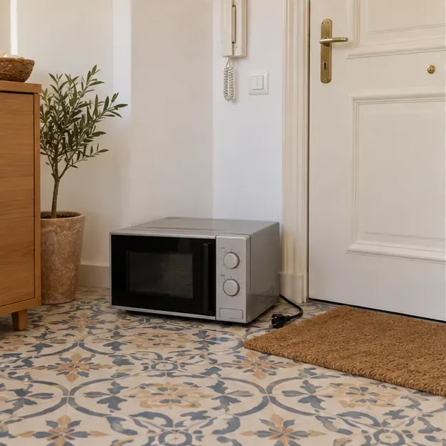 Un micro-ondes débranché et intact attend à l’intérieur d’un appartement près de la porte, sans encombrer la rue