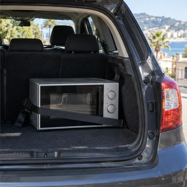 Un micro-ondes attaché à la verticale dans le coffre d’une voiture pour être transporté vers une déchèterie