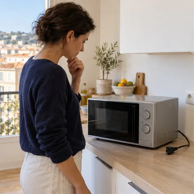 Une habitante examine un micro-ondes encore intact dans sa cuisine avant de choisir entre le réemploi et le recyclage