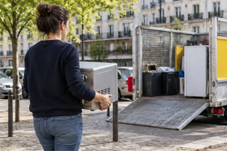 Une personne transporte un micro-ondes vers un véhicule de collecte installé dans une rue parisienne
