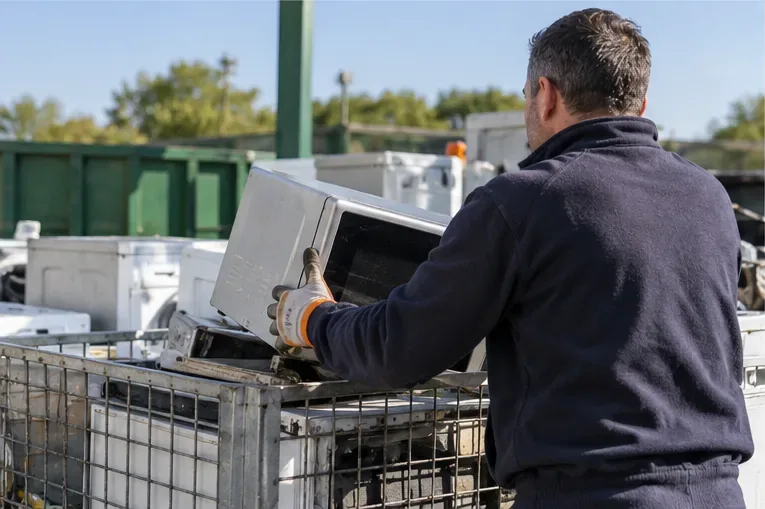 Un agent dépose un micro-ondes dans une zone de tri dédiée aux appareils électriques usagés