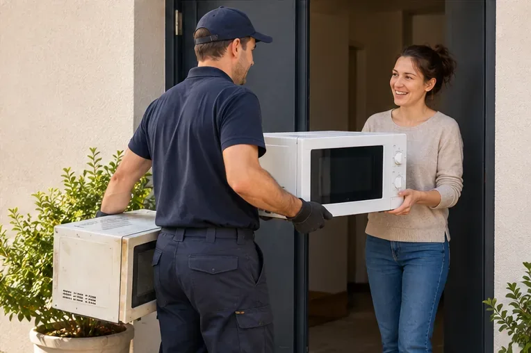 Un livreur et une résidente échangeant un four à micro-ondes à l’entrée d’un logement