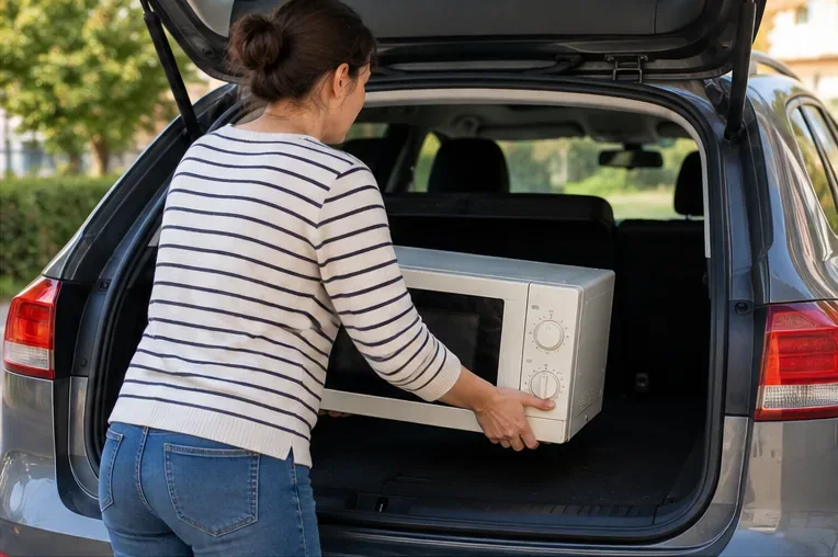 Une personne chargeant un four à micro-ondes dans le coffre d’une voiture pour le transporter vers une déchèterie