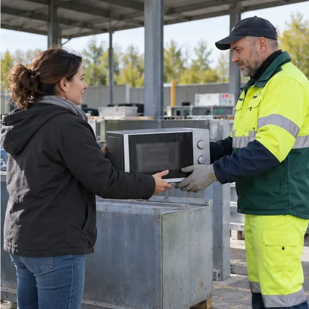 Une habitante remet un four à micro-ondes à un agent près d’une zone de collecte des appareils électriques