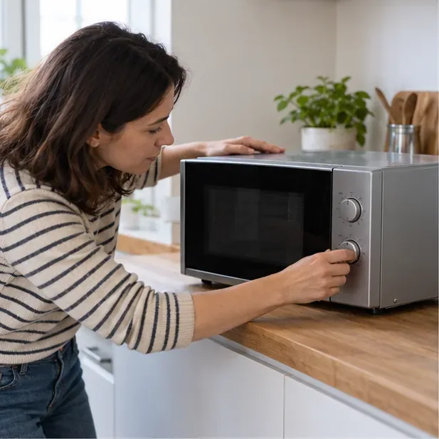 Une personne vérifie le fonctionnement d’un four à micro-ondes posé sur un plan de travail