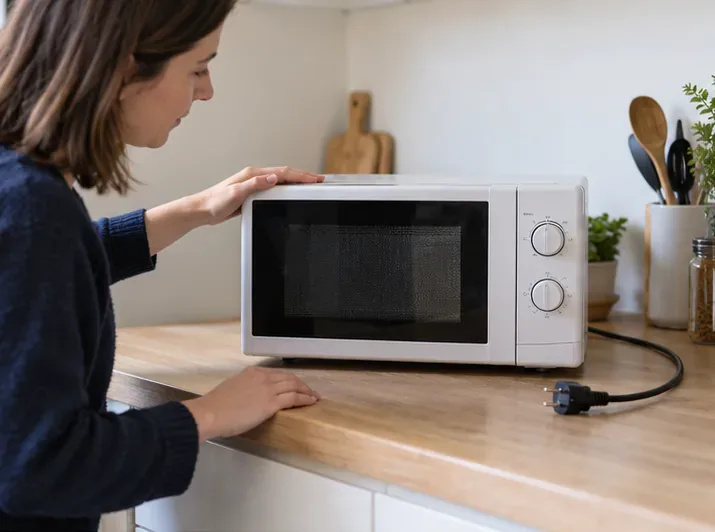 Une personne vérifie un micro-ondes intact et débranché sur un plan de travail