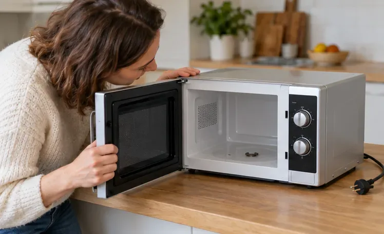 Une femme examine la porte ouverte et l’intérieur d’un micro-ondes débranché posé sur un plan de travail