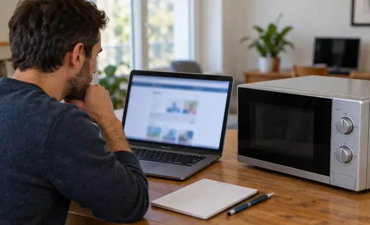 Un homme consulte un ordinateur portable sur une table, à côté d’un micro-ondes intact