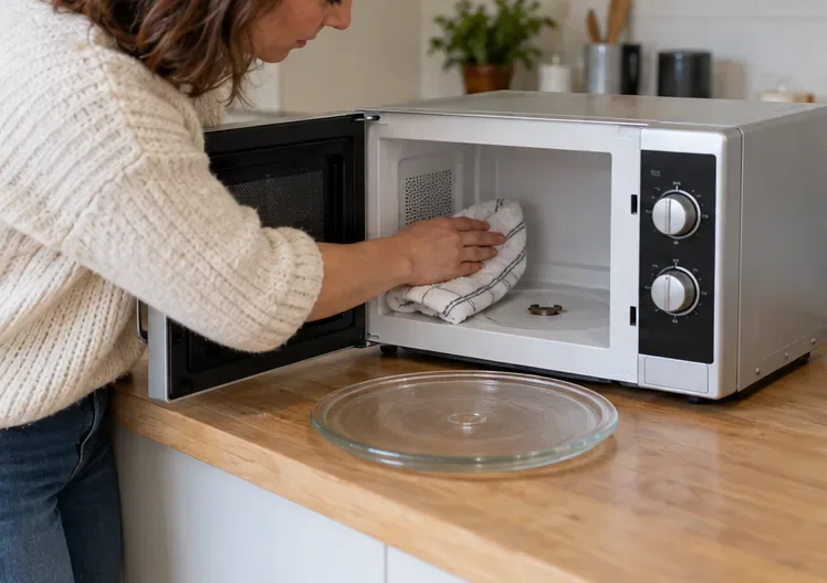 Une femme essuie l’intérieur d’un micro-ondes débranché, avec le plateau de verre posé sur le plan de travail