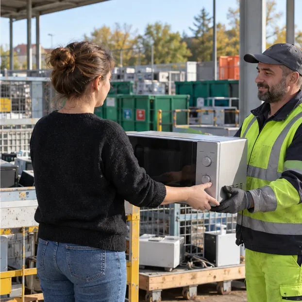 Un agent de déchèterie accompagne le dépôt d’un micro-ondes dans une zone de collecte d’équipements électriques