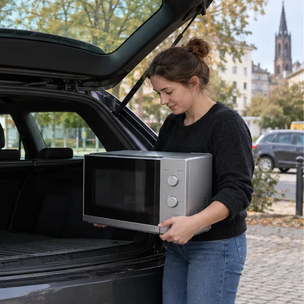Une personne charge un micro-ondes dans le coffre d’une voiture pour l’apporter à un point de collecte