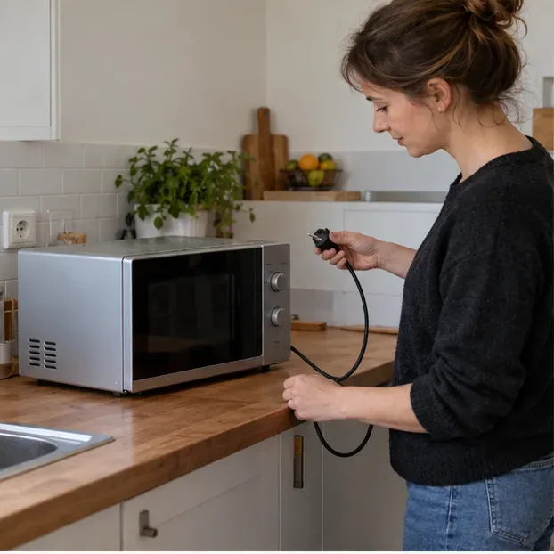 Une personne débranche un micro-ondes posé sur un plan de travail avant de le préparer pour le réemploi ou le recyclage