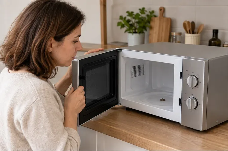Une femme ouvre la porte d’un four à micro-ondes posé sur un plan de travail et en regarde l’intérieur.