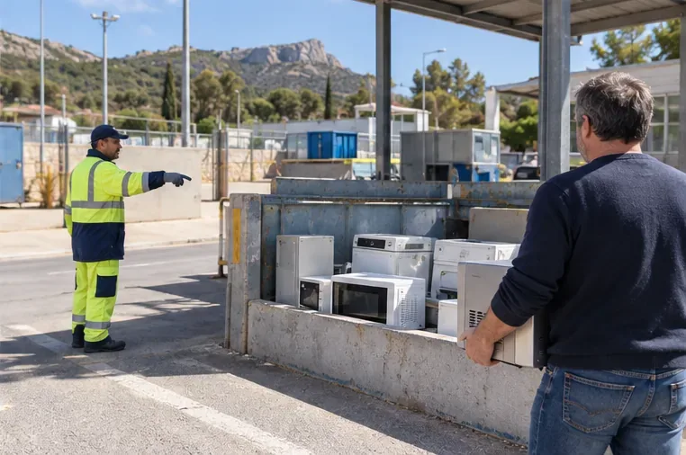 Un four à micro-ondes est présenté devant une zone de collecte des appareils électriques dans une déchèterie, un agent indique la benne adaptée.