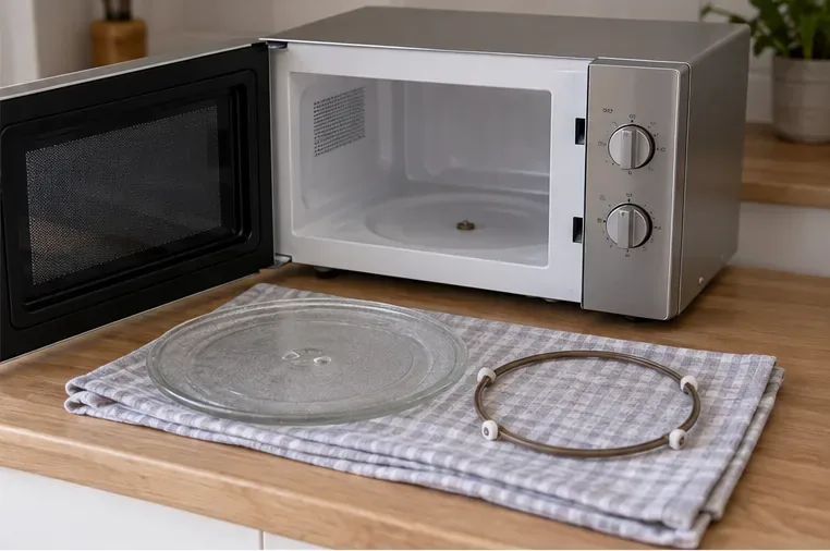 Un four à micro-ondes ouvert avec son plateau en verre et son anneau à roulettes posés sur un linge à côté.