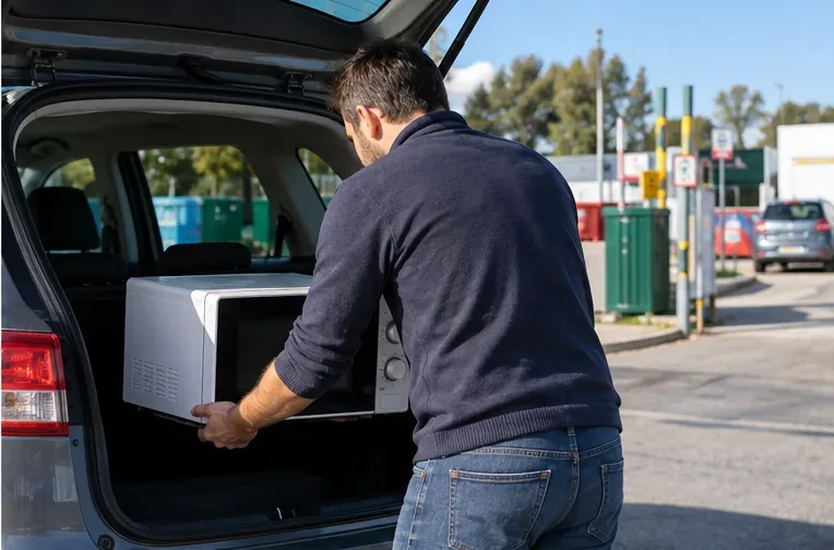 Un homme charge un micro-ondes dans le coffre d’une voiture devant un site de collecte