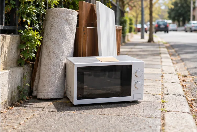 Un micro-ondes abandonné sur un trottoir à côté d’autres objets encombrants
