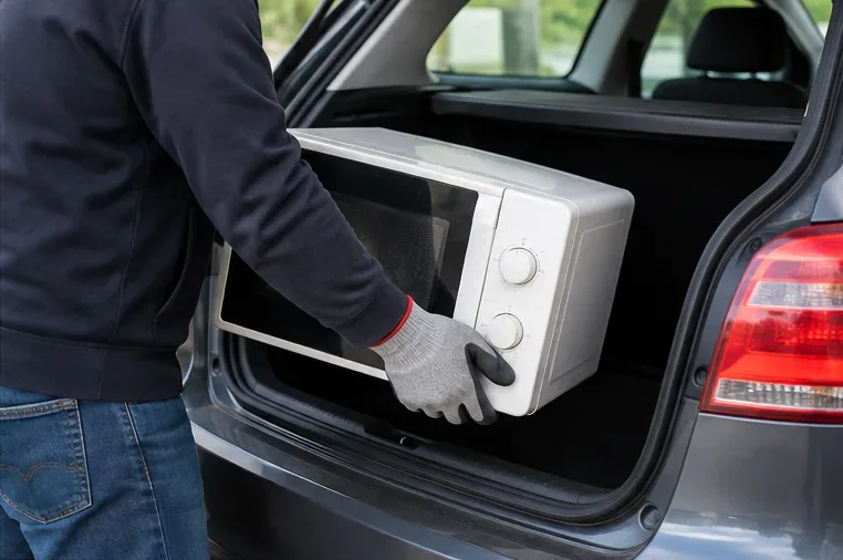 Personne chargeant un micro-ondes dans le coffre d’une voiture pour l’apporter en déchèterie