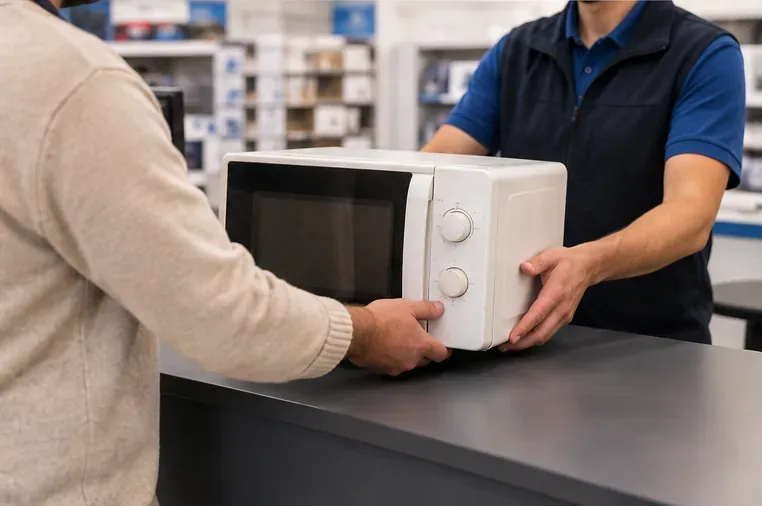 Client remettant un ancien micro-ondes au comptoir d’un magasin d’électroménager