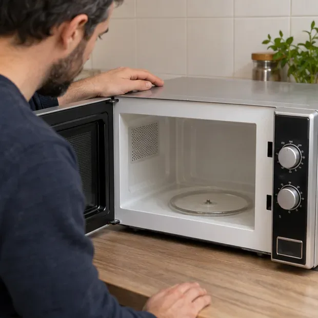 Une personne inspecte un micro-ondes propre et vide afin de décider s’il peut être donné ou doit être recyclé.