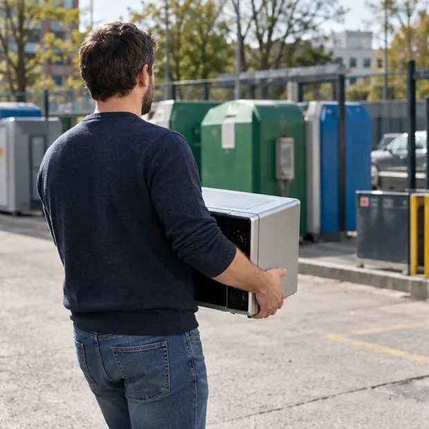 Une personne transporte un micro-ondes à deux mains vers une zone de collecte et de recyclage.