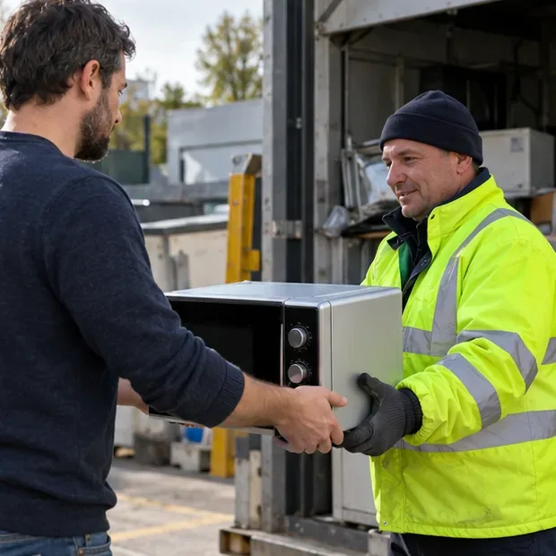 Un particulier remet son micro-ondes à un agent de collecte portant une veste haute visibilité dans une zone de recyclage.