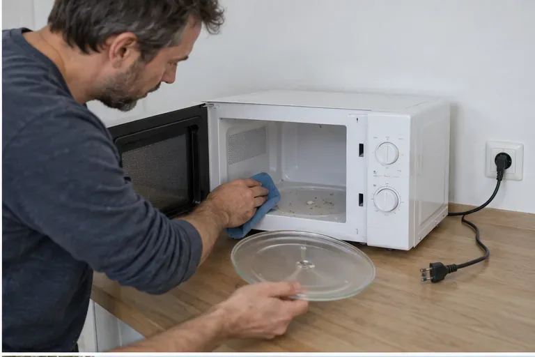 Un homme nettoie l’intérieur d’un micro-ondes débranché et retire son plateau en verre