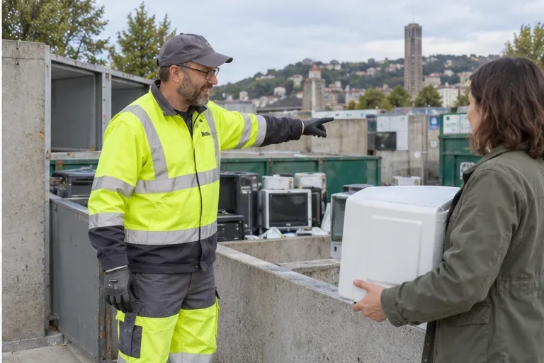 Un agent en gilet fluorescent indique une zone de dépôt à une personne tenant un micro-ondes