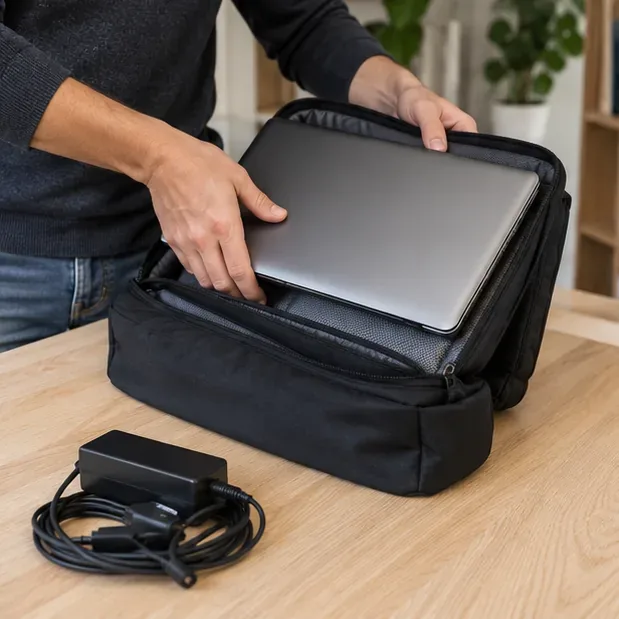 Ordinateur portable rangé dans une sacoche avec son chargeur posé à côté avant transport