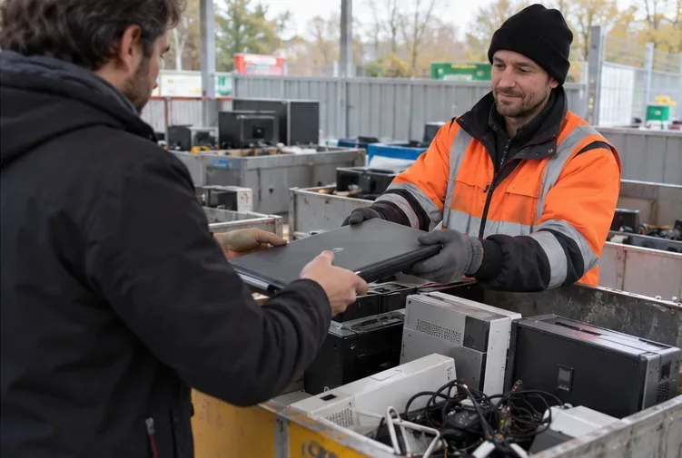 Une personne remet un ordinateur portable fermé à un agent devant des bacs contenant des équipements électroniques