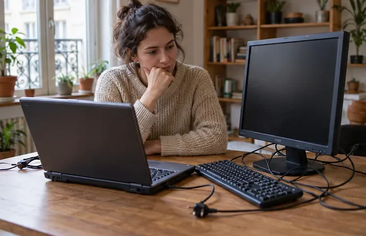 Une personne examine un ancien ordinateur portable, un écran et un clavier posés sur une table