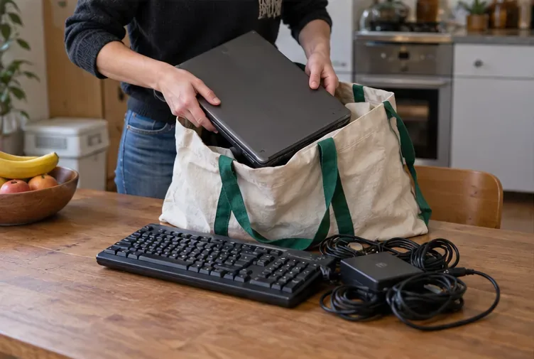 Une personne range un ordinateur portable dans un sac, avec clavier, chargeur et câbles sur la table