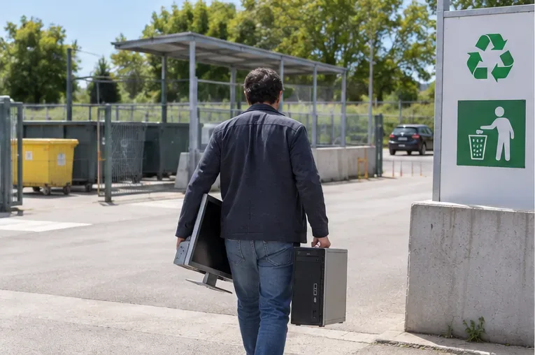 Une personne transporte une unité centrale et un écran vers l’entrée d’un centre de recyclage.