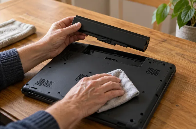 Une personne retire une batterie amovible et nettoie le dessous d’un ordinateur portable avant son dépôt
