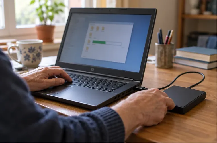 Une personne sauvegarde les fichiers d’un ordinateur portable sur un disque externe posé sur un bureau