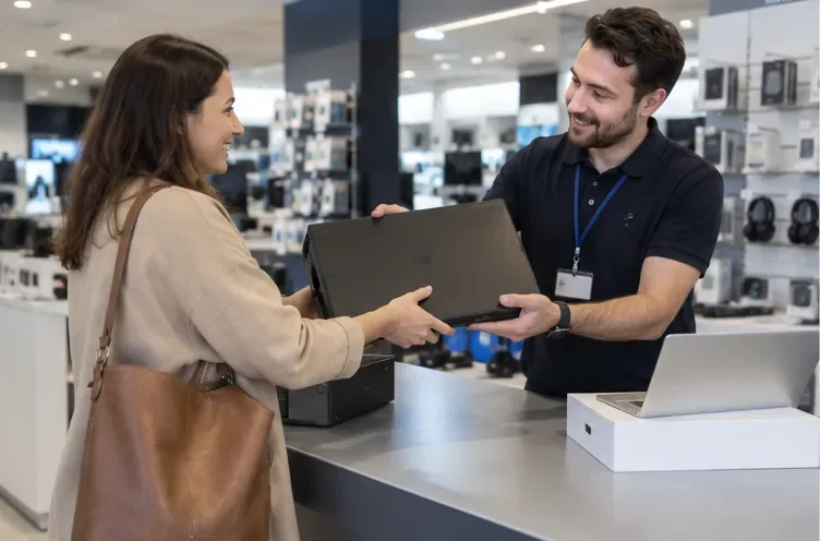 Une cliente remet un ordinateur portable usagé à un employé dans un magasin d’électronique.