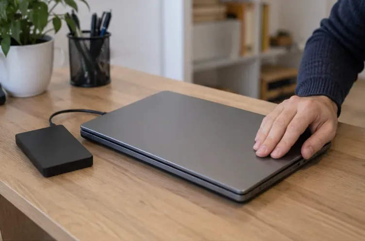 Un ordinateur portable fermé à côté d’un disque externe après la sauvegarde des données.