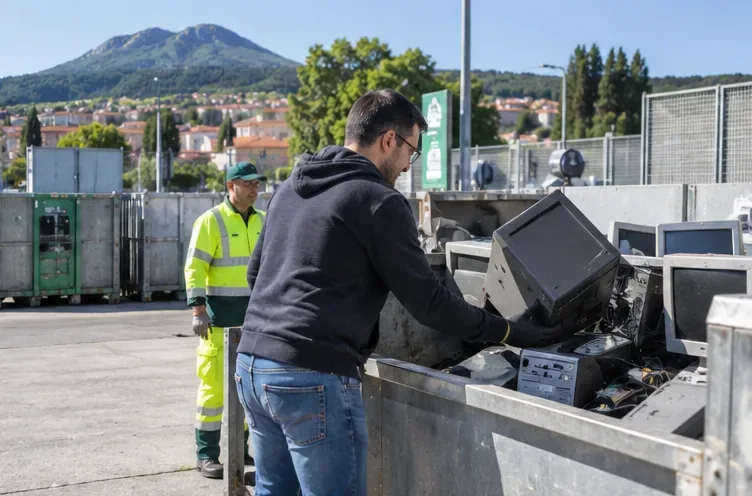 Une personne dépose une unité informatique dans la zone dédiée aux déchets électriques d’une déchetterie, sous le regard d’un agent.