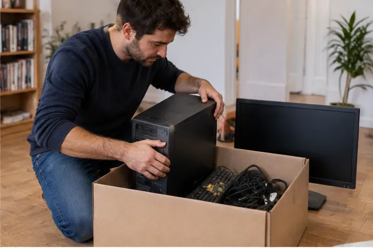 Ordinateur de bureau et accessoires rangés dans un carton pour être transportés vers une filière de réemploi ou de recyclage