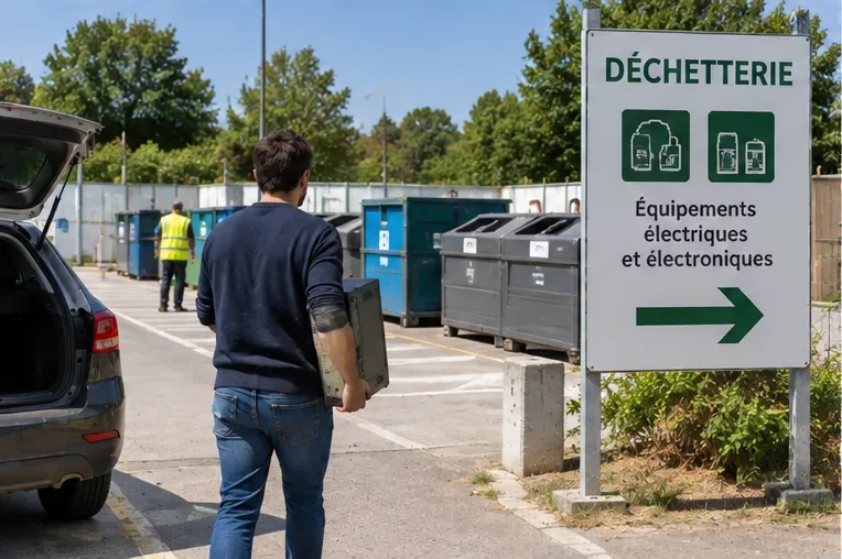 Personne apportant une unité centrale dans une déchèterie, près de la zone réservée aux équipements électriques et électroniques