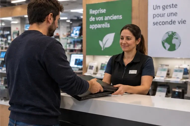 Client remettant un ancien ordinateur portable à une employée dans un magasin d’électronique pour une reprise
