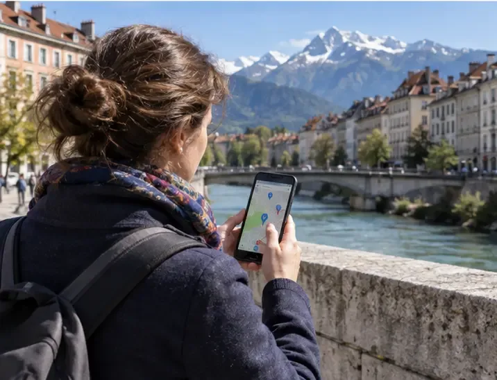 Personne consultant un itinéraire sur son téléphone dans Grenoble avec les montagnes en arrière-plan