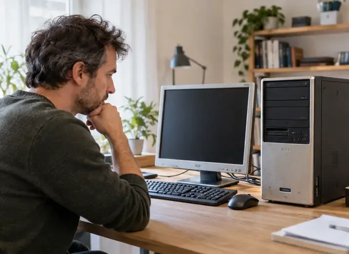 Personne examinant un ordinateur de bureau ancien avec écran, clavier et unité centrale sur un bureau