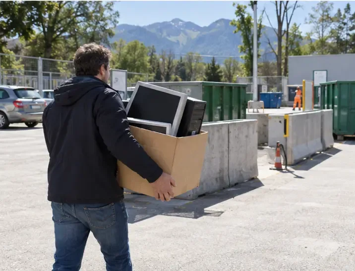 Personne transportant une tour et un écran d’ordinateur dans un carton vers une zone de collecte à Grenoble