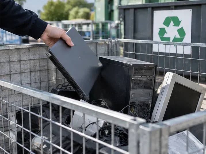 Ancien ordinateur portable placé avec d’autres équipements informatiques dans une cage de collecte pour déchets électroniques